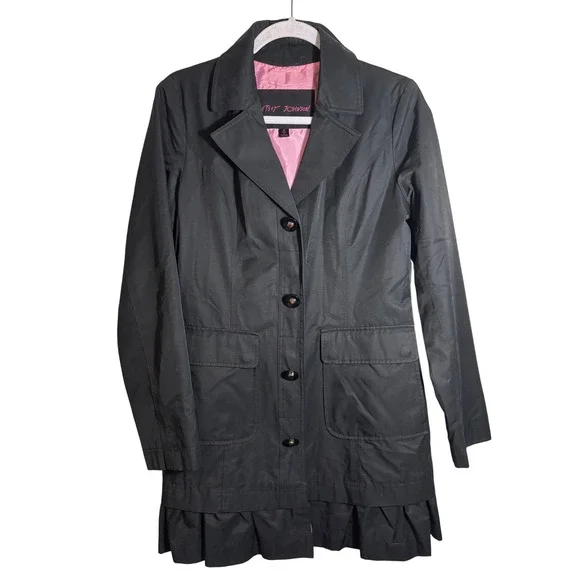 Betsey Johnson Black Ruffle Hem Trench Coat Pink Lining Size M Twee/Coquette - Picture 1 of 7